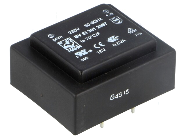 Transformator: ingegoten; 0,5VA; 230VAC; 18V; 28mA; PCB; BVEI Transformator: ingegoten; 0,5VA; 230VAC; 18V; 28mA; PCB; BVEI